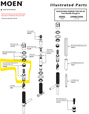 Moen 182500 Hot & Cold Stem Extensions & Cartridge Nuts For Roman