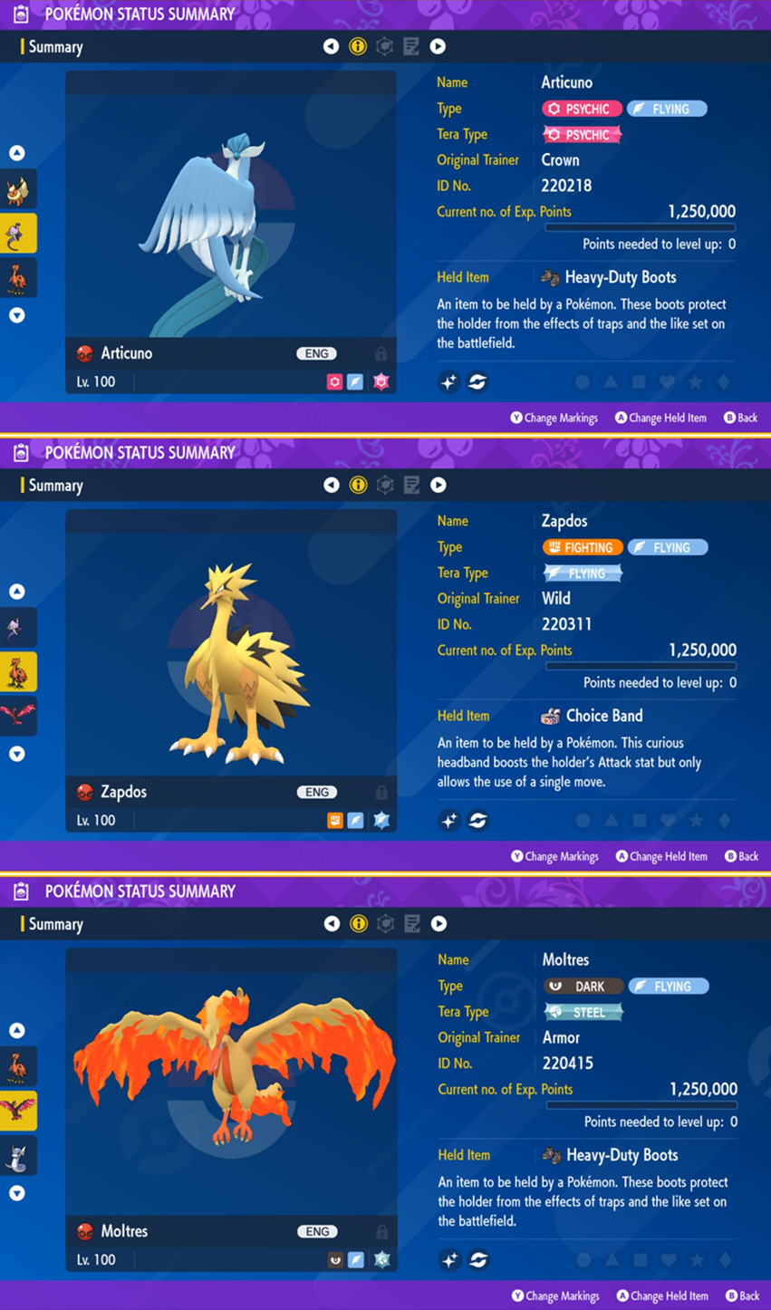 Shiny Articuno/zapdos/moltres Pack Bundle 6IV Pokemon -  Finland