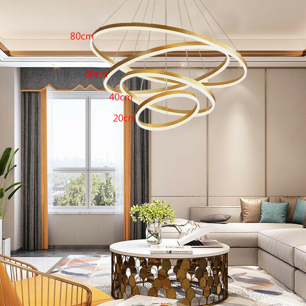 Pendant Light Fixture Crystal Hanging Lamp 4-Ring Chandelier Lighting Modern LED