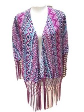 Flying Tomato Kimono Popover Purple Small Open Cardigan Hippie Macrame Fringe