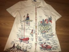 VTG 60 70S WOMEN ALL OVER PRINT SAILING SAIL BOAT DISCO LIGHT HOUSE BUTTON SHIRT
