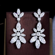 Dazzling Zircon Crystal Long Big Leaf Drop Earrings Silver Plated Bridal Jewelry