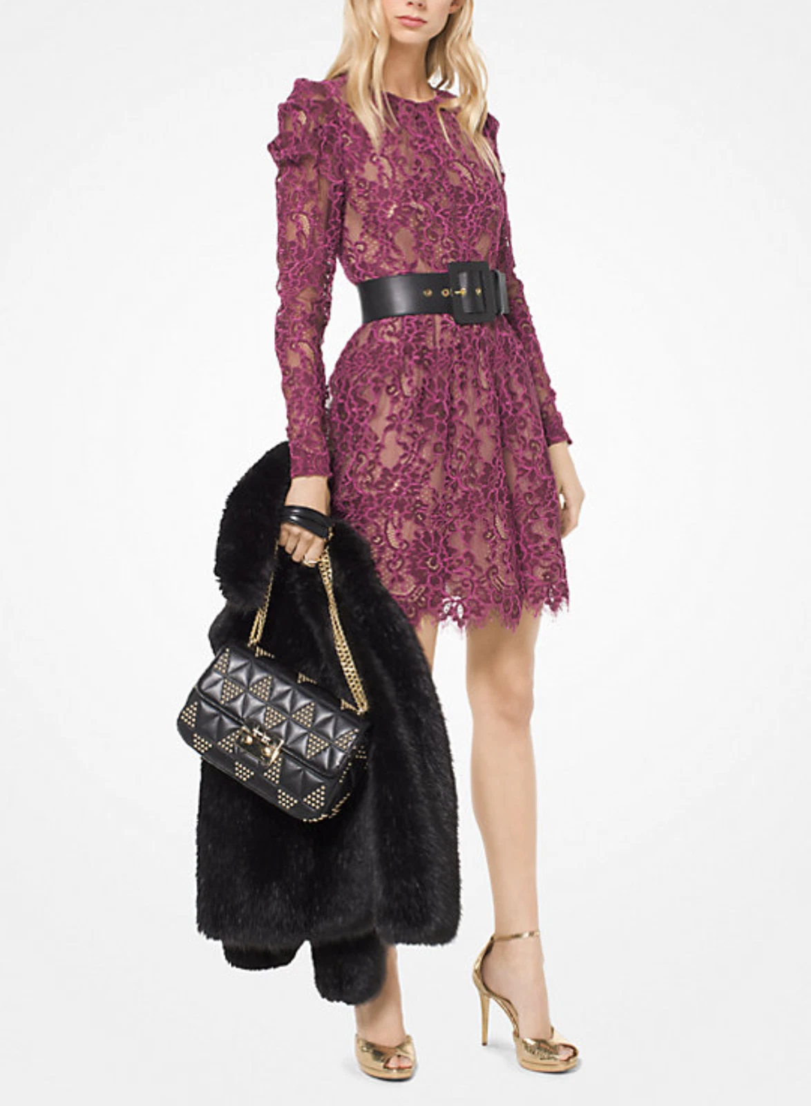 Abito da festa in pizzo floreale Michael Kors con corda spalmata taglia 2 rosa manica gonfia