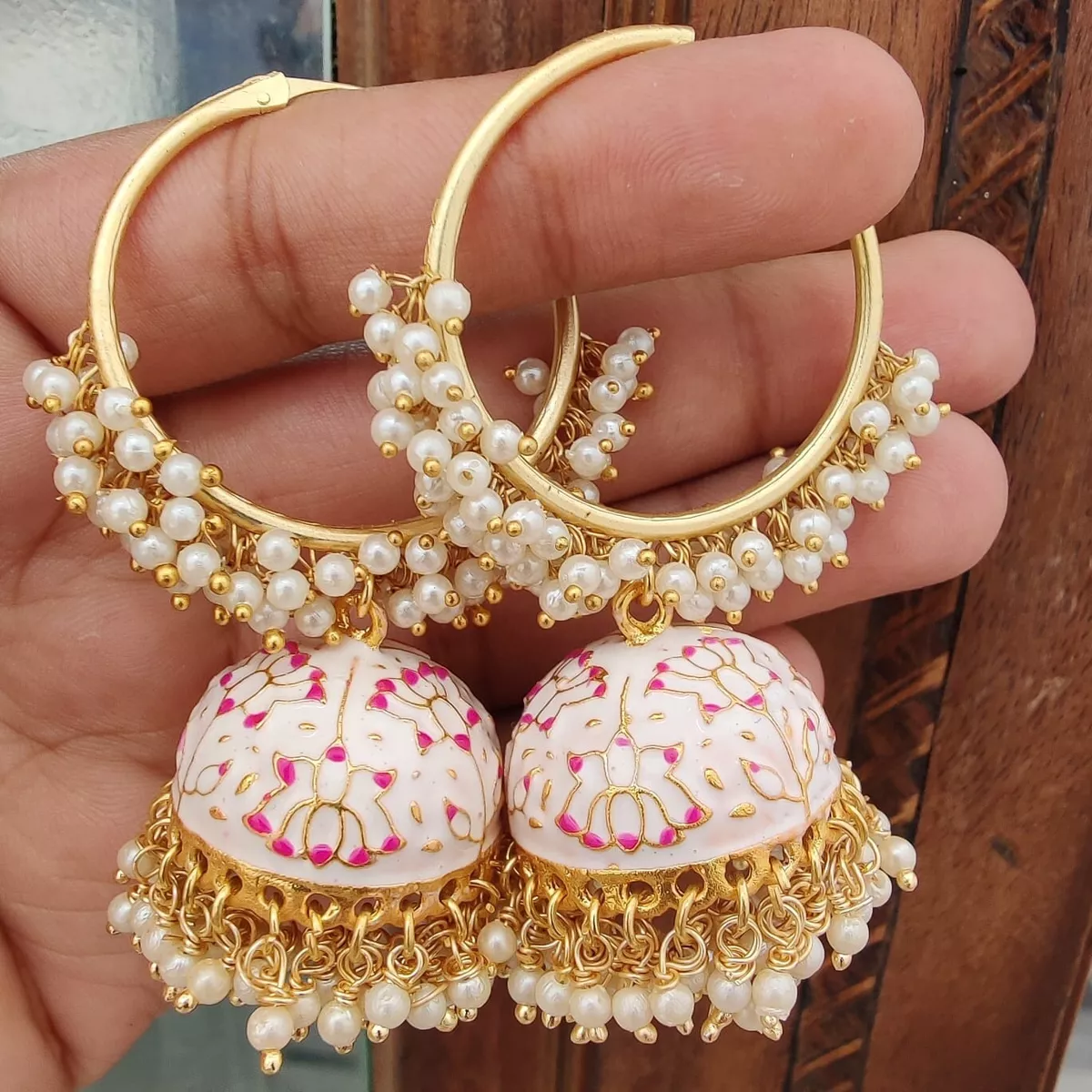 Indian Bollywood Style White Enameled Pearl Jhumka Earrings Girls Jewelry  Set