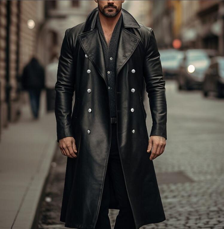 ジャケット・アウター LEATHER COMBINATION DOUBLE LAPEL COAT Men's Youth Fashion Lapel Double Breast Faux Leather Jacket