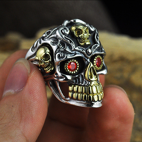 Genuine Men's Solid 925 Sterling Thai Silver Ring Skull Garnet Open Size 8 to 13