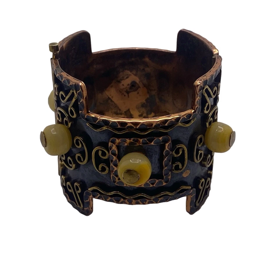 Brazalete Brazalete Modernista Vintage Años 50 México Casa Maya Cobre Martillado Cierre Pin Foto 3 de 4
