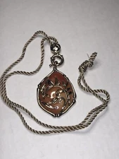 Vintage Monet Gold Tone Pink Enamel & Rope Necklace 24” w 2” Changeable Pendant