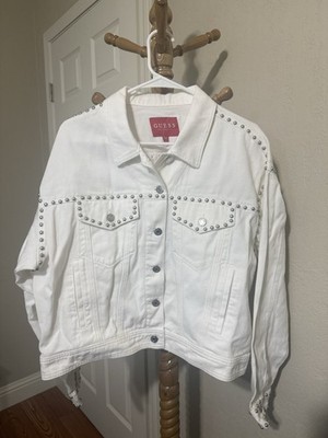 NWT Guess Jean Jacket Flower White & Coral Floral  Studded Denim  Size XL