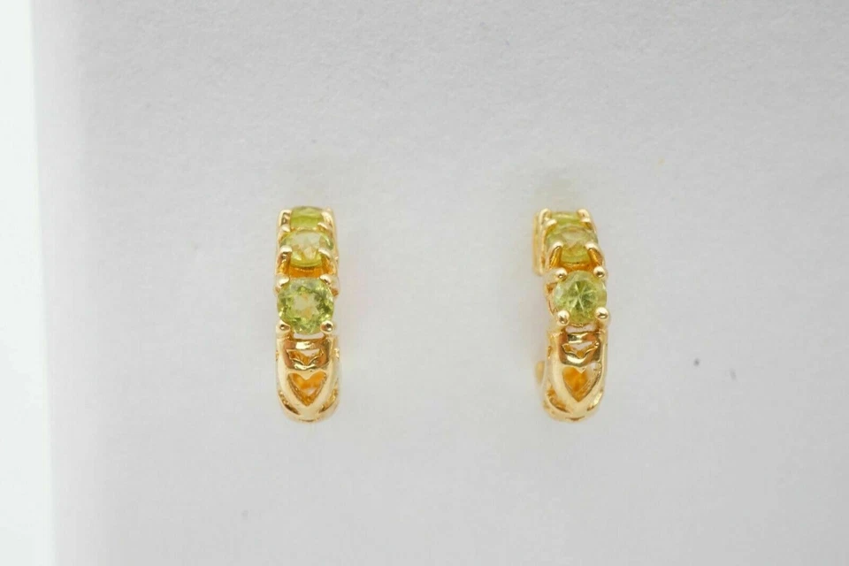 Natural Green Peridot Gemstone 14k Yellow Gold Half Hoop Stud Earrings s095 - Image 4 of 4