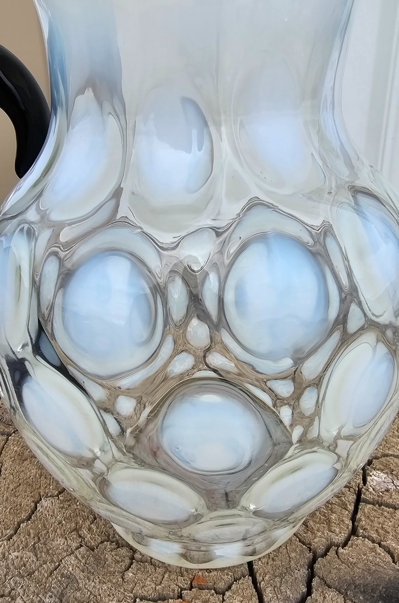 Vintage Fenton Art Glass Opalescent Coin Dot Pitcher With Ebony