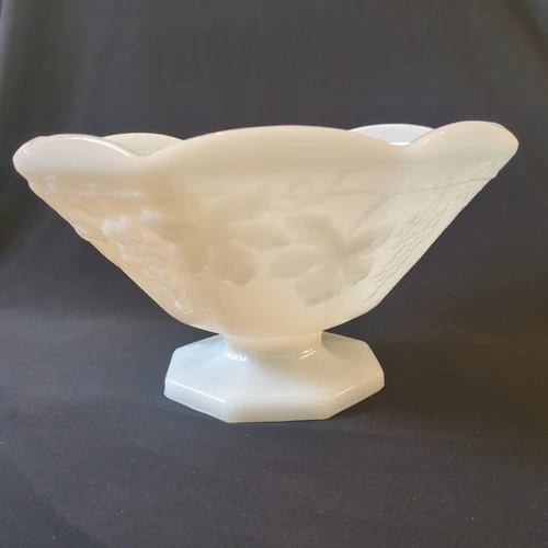 Vintage Anchor Hocking Decorative Bowl Milk Glass Pedestal Embossed Fruit