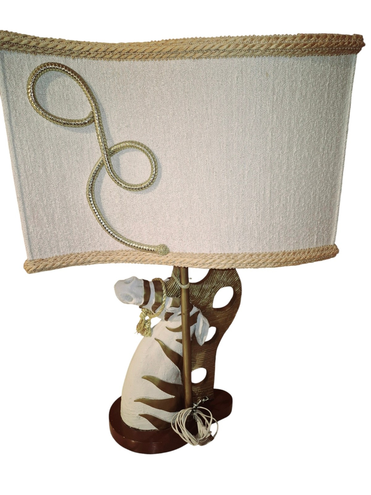 MCM Modern 50s Zebra Lamp White Gold curved Rectangular Shade Braided Rope  