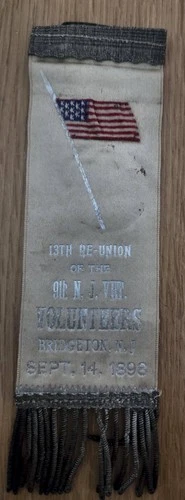 1898 GAR Ribbon 13th Reunion of 9th N.J. Vet Volunteers in Bridgeton, New Jersey