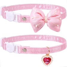 2 Pack Cotton Breakaway Cat Collar for Girl Cats,Pink Bow  Heart Pendant