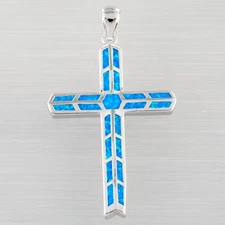 Large Latin Cross Ocean Blue Fire Opal Silver Jewelry Necklace Pendant
