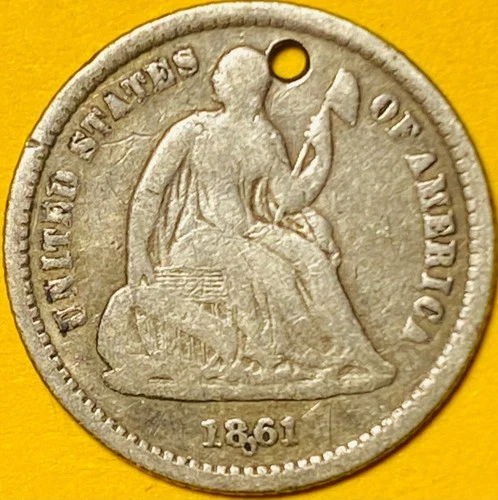 1861 U.S. SEATED LIBERTY SILVER HALF 1/2 DIME 5c COIN (F-Fine) Civil War Year