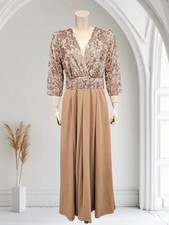 KIYONNA Size 1X Paris Pleated Sequin Bodice A Line Evening Gown Rose Gold Tan