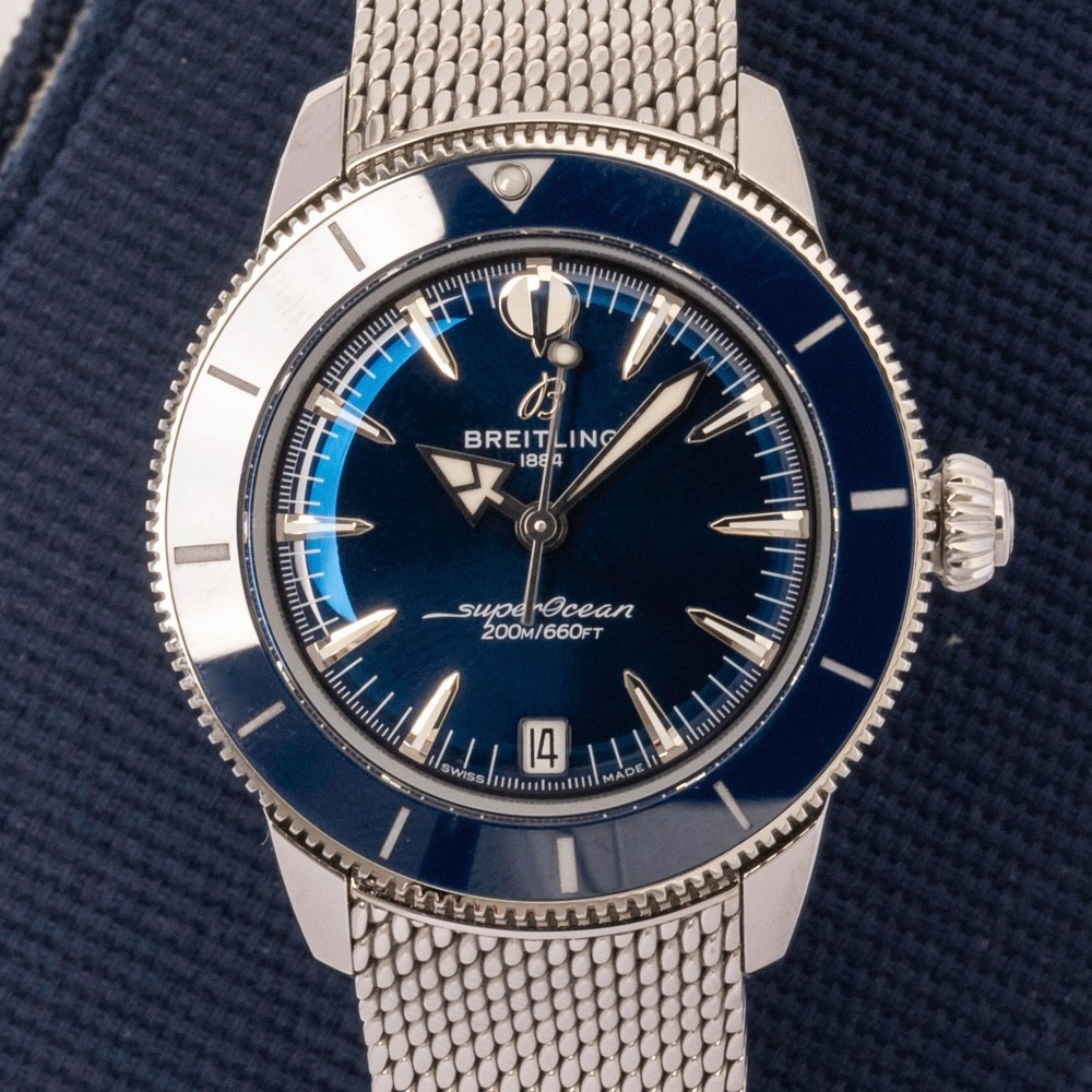 BREITLING SuperOcean Heritage 36 Blue Dial A10390 Full Set with Mesh Bracelet
