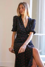 ROUJE PARIS-40 (AU 12/US 8)-ROSALIE CHERRY PRINT NAVY RED MIDI WRAP PUFF DRESS