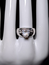 Vintage Trillion Cut Solitaire Genuine White Topaz Sterling Silver Wide Band Rin