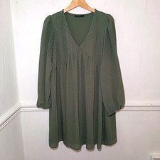 Dunnes Womens Dress Green Size M UK 12 14 Babydoll Polka Dot Whimsy Smock