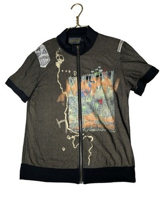 Adore Wearable Art Zip Up Top Women Sz Medium Brown Abstract Short Sleeve Shirt