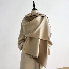 Reversible Cashmere Feel Shawl Wrap Scarf Beige Brown Oversized Blanket 72.8in