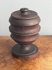 Antique Carved Footed Turned Wooden Jar Treen Pot Lidded Round Brown Box