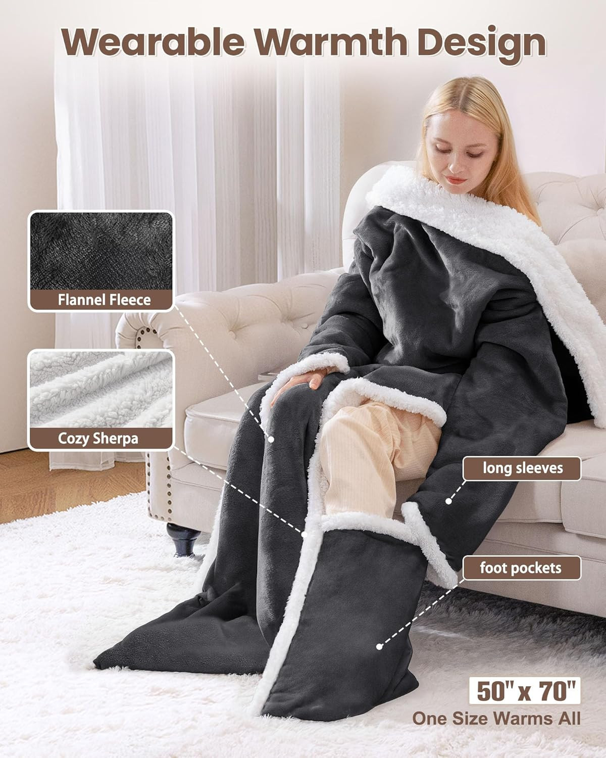 Wearable Heated Blanket with Foot Pocket,Electric Snuggle Throw Blanket with Sle