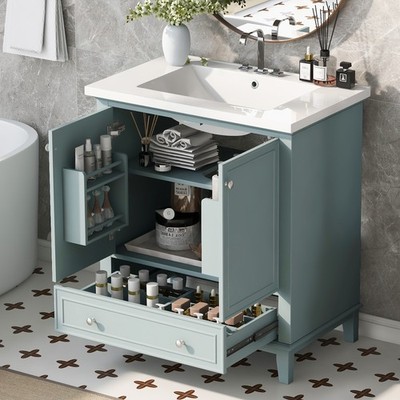 30'' Bathroom Vanity with Ceramic Sink Freestanding Wood Storage Cabinet w/Drawer