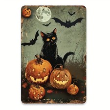 Vintage Halloween Black Cat and Pumpkin Tin Metal Signs Home D cor 8x12