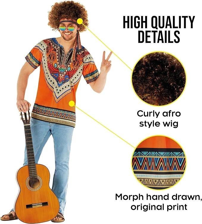 Mens 70s Hippie Costume + Afro Wig & Sunglasses Adult 60s Hippy Outfit Halloween - Image 3 of 4