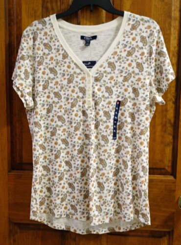 Women's Chaps Summer Cream Rust Paisley Floral Short Sleeve Henley Top XL NWT
