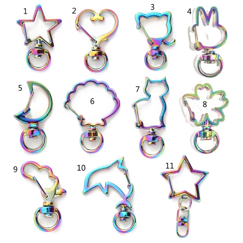 10x/Set Rainbow Metal Hook Heart Star Keychain Lobster Clasp with Keyring