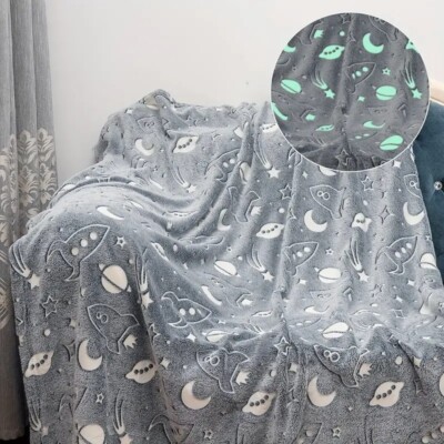 Glow in The Dark Blanket Space- Gray - 50 x 60 Kids Super Soft Glows Green