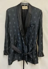 Vintage Strawbridge Clothier Large Black Blue Satin Smoking Jacket Belted Lounge