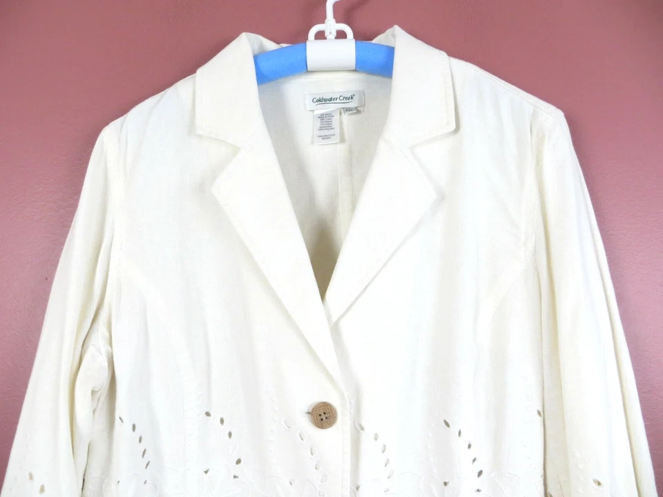 CJ0848 COLDWATER CREEK Mujer Lino Algodón Chaqueta Manga Larga Floral Ojales PXL Foto 3 de 4