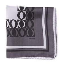 New 190 TOM FORD Dark Gray and Silver Contrast Print Silk Pocket Square