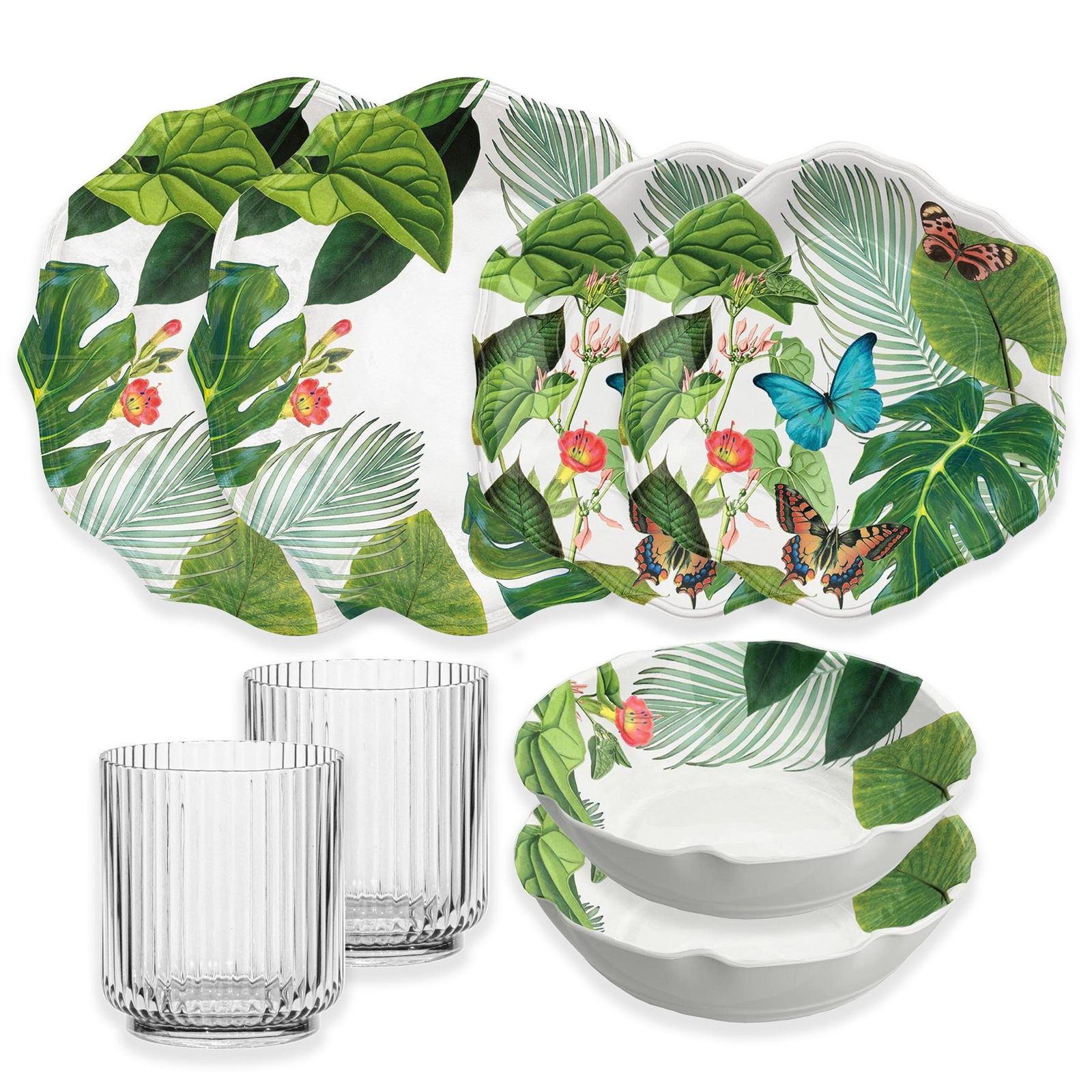 Amazon Floral Melamine/Plastic Outdoor Full Dinnerware Set For 2 with Tumblers