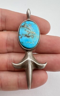 Vtg Navajo Sandcast Sterling Silver Blue Gem Turquoise Dagger Pendant 2 5/8''