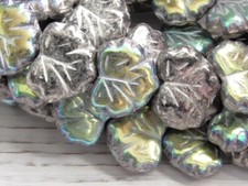 8 - 13x11mm CZECH GLASS MAPLE LEAF BEADS OPAQUE AB  SILVER/BLACK FALL AUTUMN