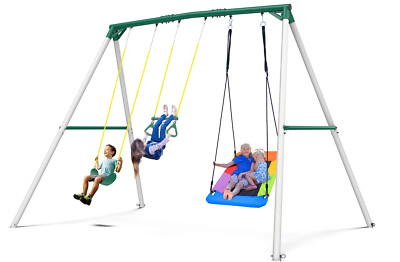 600lb 9.5ft Heavy Duty Metal Swing Set with 3 Swings Trapeze Bars Platform Swing