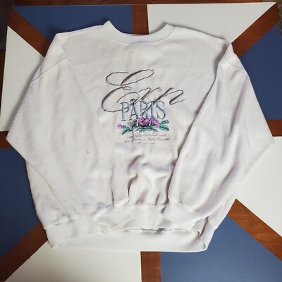 Vintage Express Sweatshirt Paris Womens Medium M White Floral Embroidery FLAW