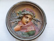 BRADLEY AND HUBBARD CAST IRON PLAQUE GIRL WITH HOLLY ORIGINAL PAINT ANTIQUE  