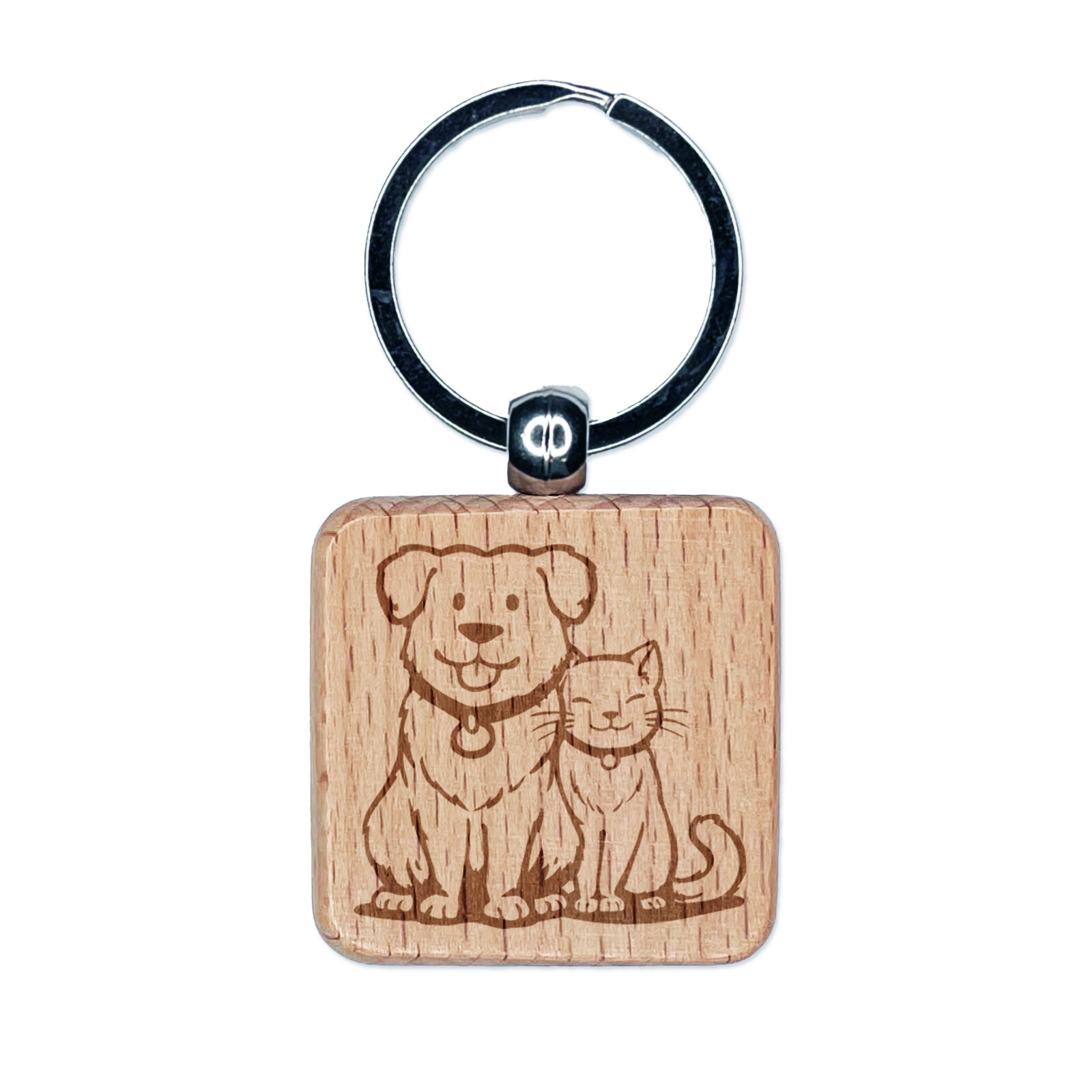 Dog and Cat Best Pet Friends Engraved Wood Square Keychain Tag Charm