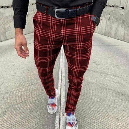 Mens Check Slim Fit Trousers Pants 