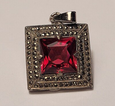 Pendentif Art Déco Rubis Et Marcassite Argent Massif - Bijou Vintage Poinçonné