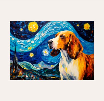 Beagle Dog in Starry Night Poster Print A3 Size
