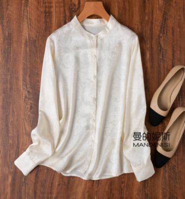 Women's Mulberry Silk Printed Top Blouses Stand Collar Long Sleeve Shirts Office